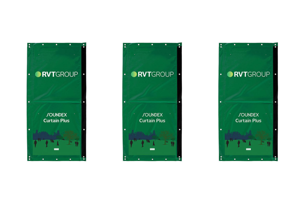 Three green RVT SOUNDEX Curtain Plus acoustic curtain panels