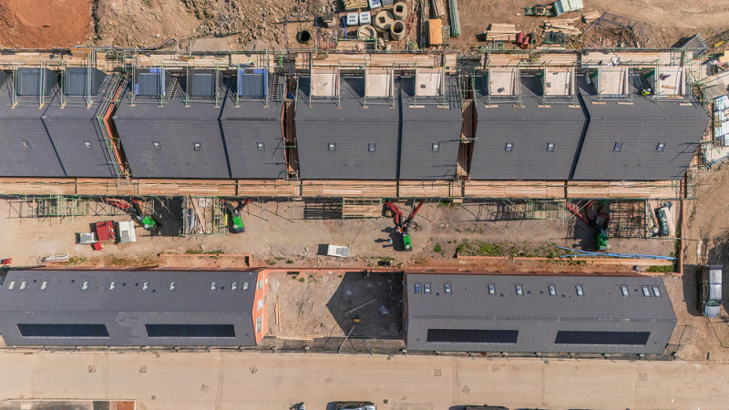 Construction - ariel view of a construction site with industrial indirect oil fired heaters set-up to help with a drying out programme 1