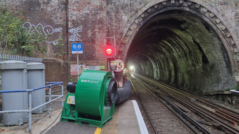 Main image - High-pressure centrigual fan being used for ventilation inside a railway tunnel