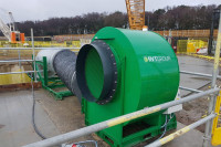 VENTEX Centrifugal Fan 800S in the foreground with ducting entering a shaft in the background