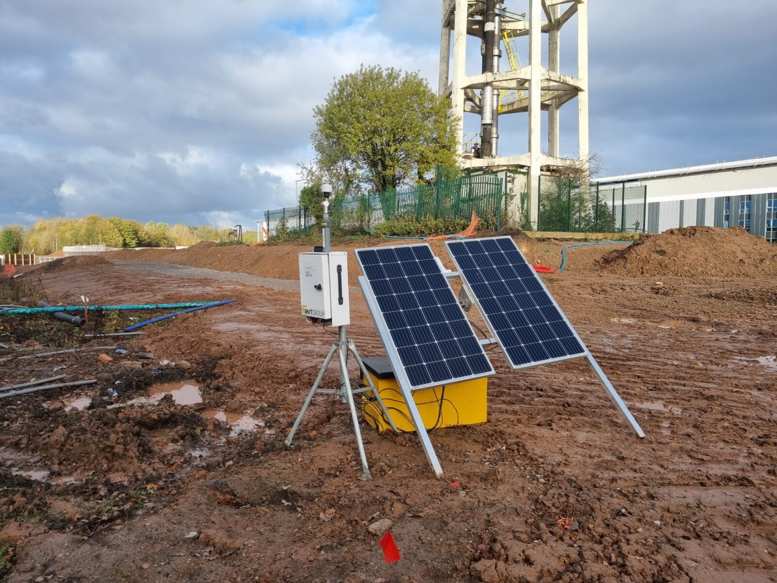 Monitex Area Dust Monitor measuring dust from a live groundworks project with solar panel power