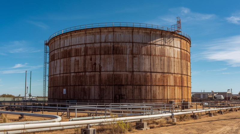 Large steel crude oil storage tank at a refinery