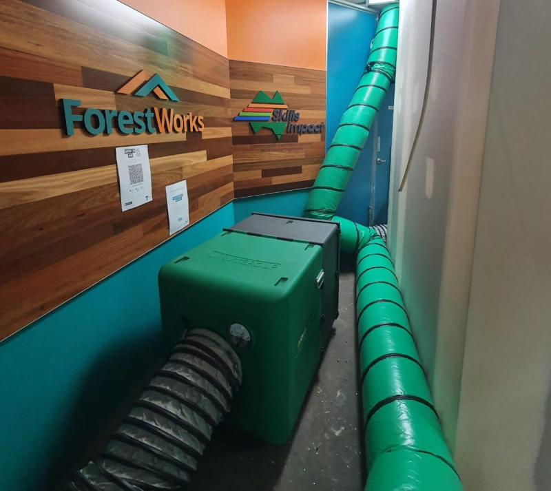 RVT filtration unit and ducting in an office reception under refurbishment