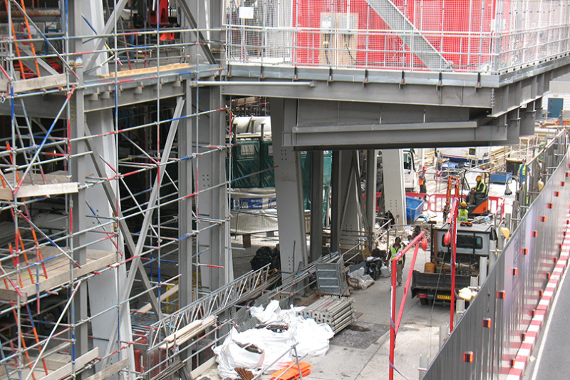 Steel frame and scaffolding on a city centre construction site