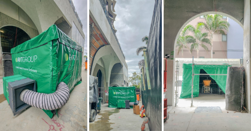 RVT dust containment enclosure set up at building archways on site
