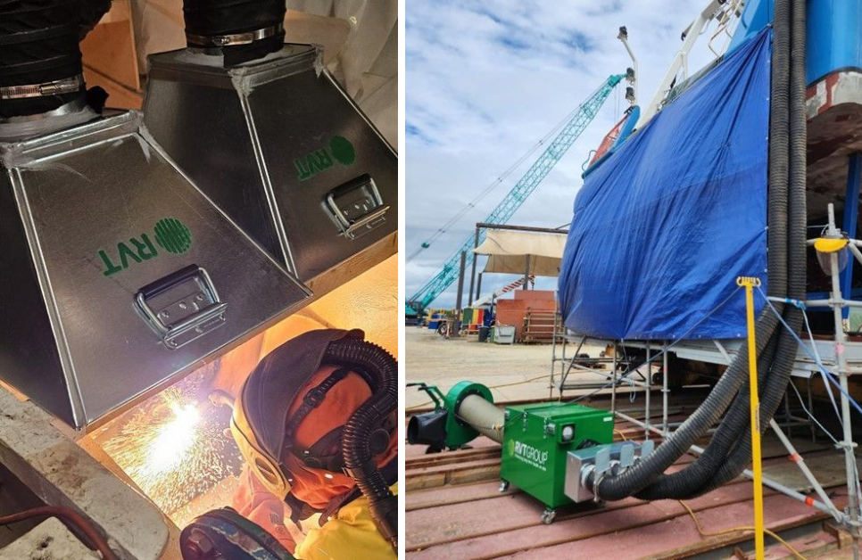 Welding fume extraction hoods over a work bench and an RVT unit on a dockside