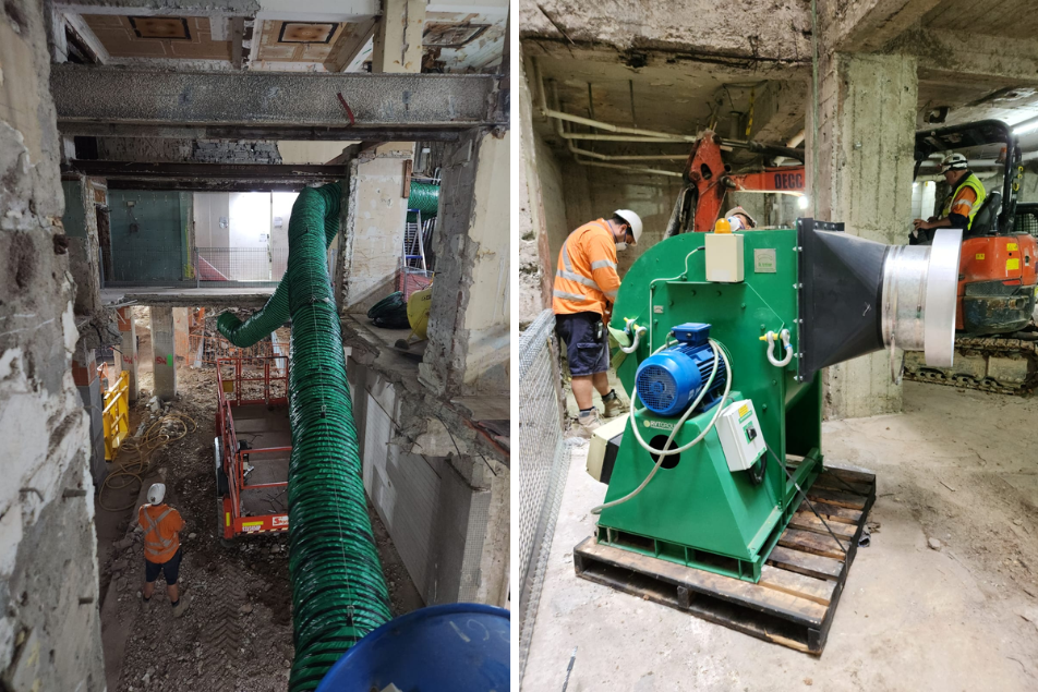 Green ventilation ducting and an RVT fan unit inside a building strip out