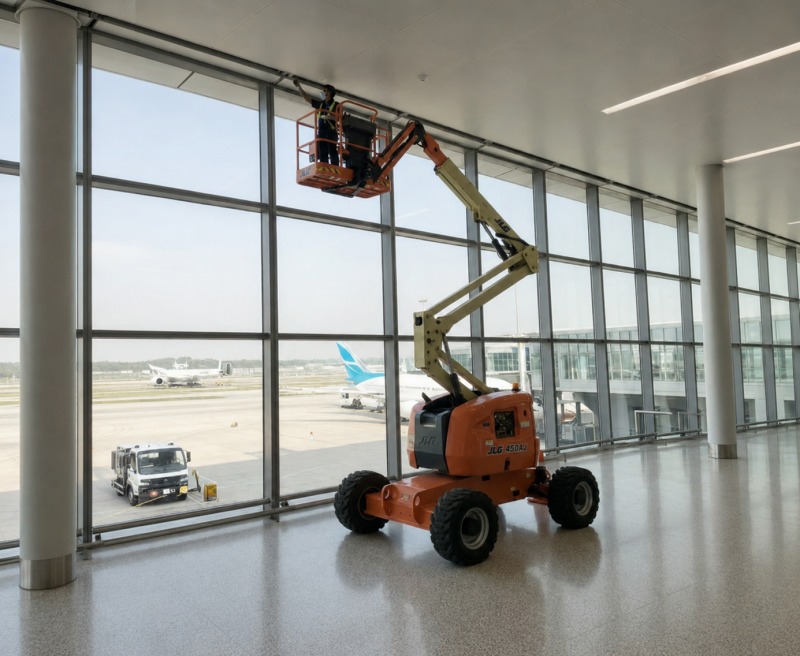 Boom lift working at height inside an airport terminal with aircraft on the apron behind
