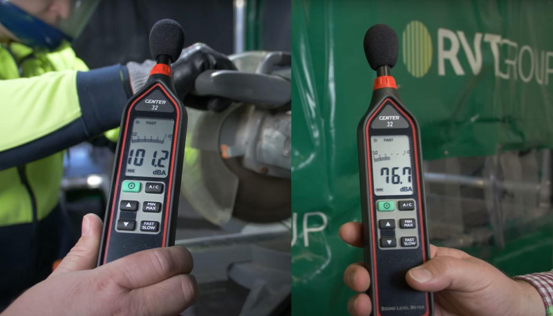 Two sound level meters showing noise readings before and after RVT noise control