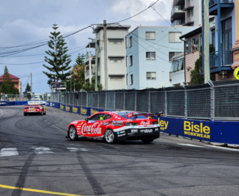 Race car cornering on a temporary street circuit